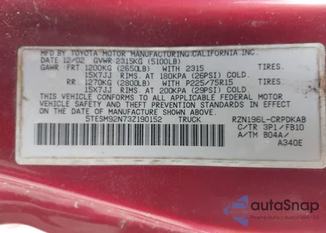 2003 Toyota Tacoma Prerunner from USA, damaged, VIN 5TESM92N73Z190152